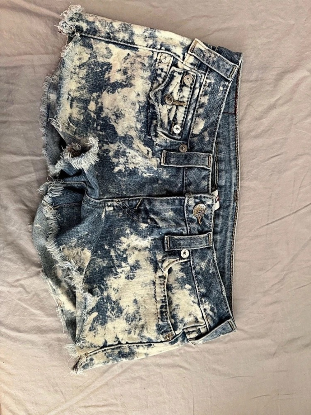 True Religion Joey Low Rise Frayed Short Jean Shorts Blue & White Waist 28